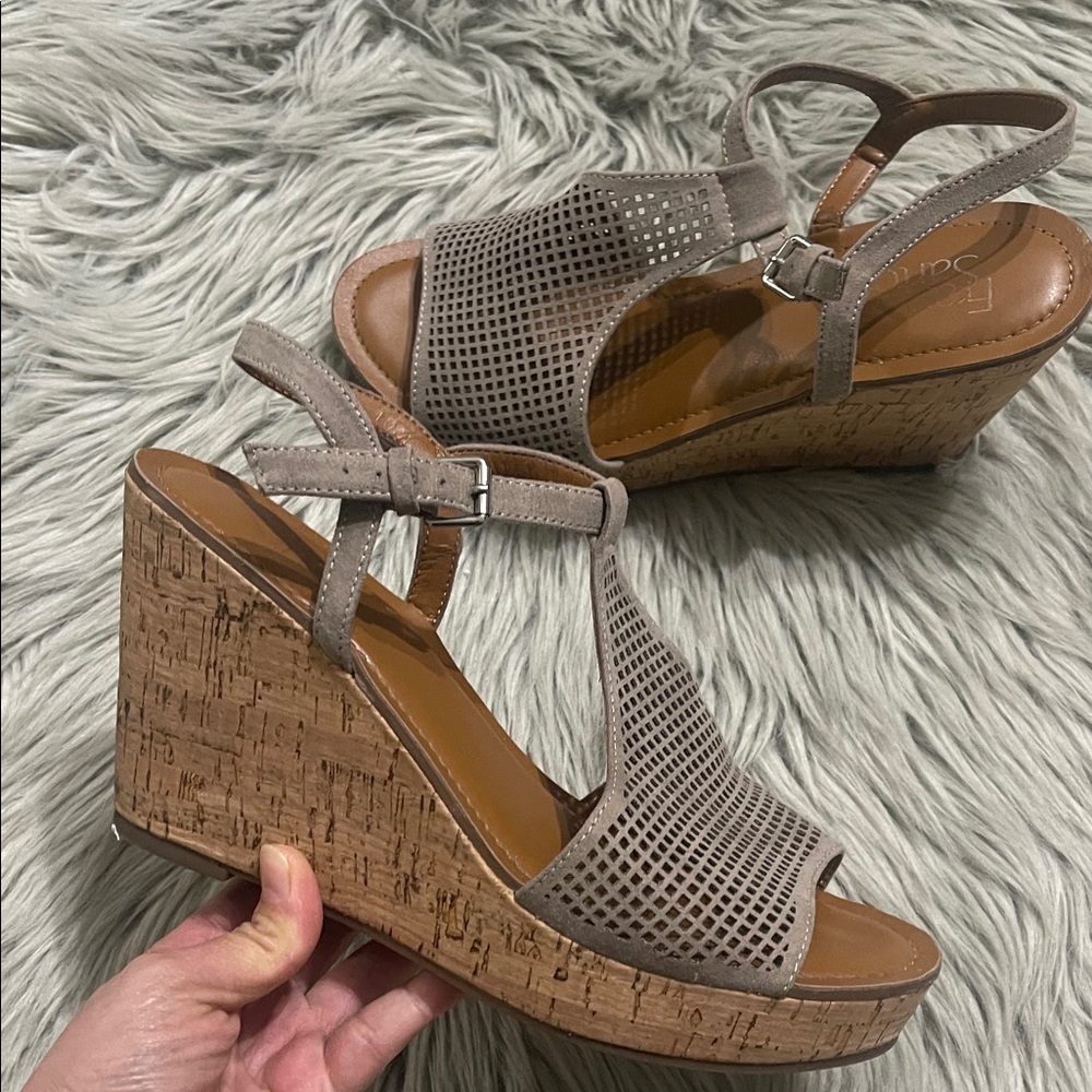Franco Sarto Taupe Perforated Cork Wedge Sandals